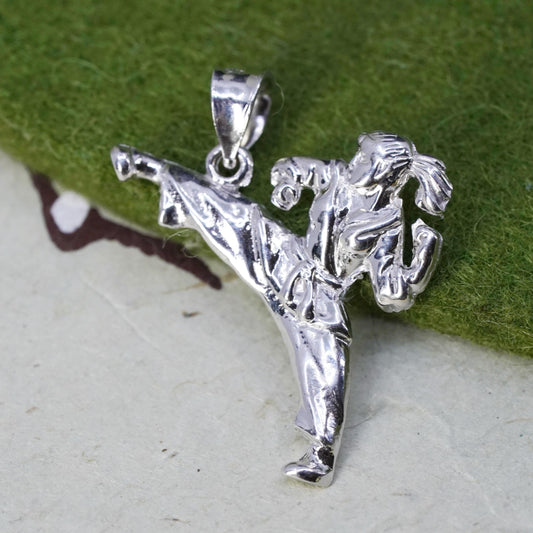 Vintage sterling silver handmade pendant, 925 kongfu Karate girl figure charm