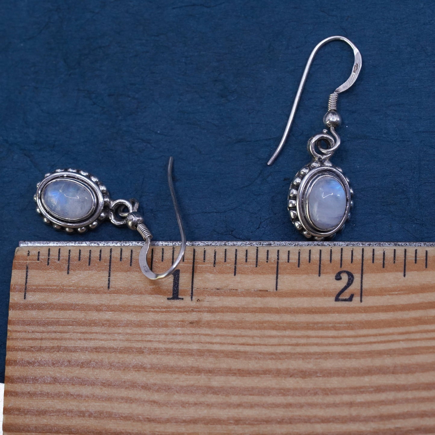 Vintage Sterling 926 silver handmade earrings with oval moonstone and beads