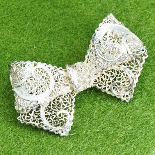 Vintage Sterling silver handmade brooch, 925 silver filigree ribbon bow tie pin