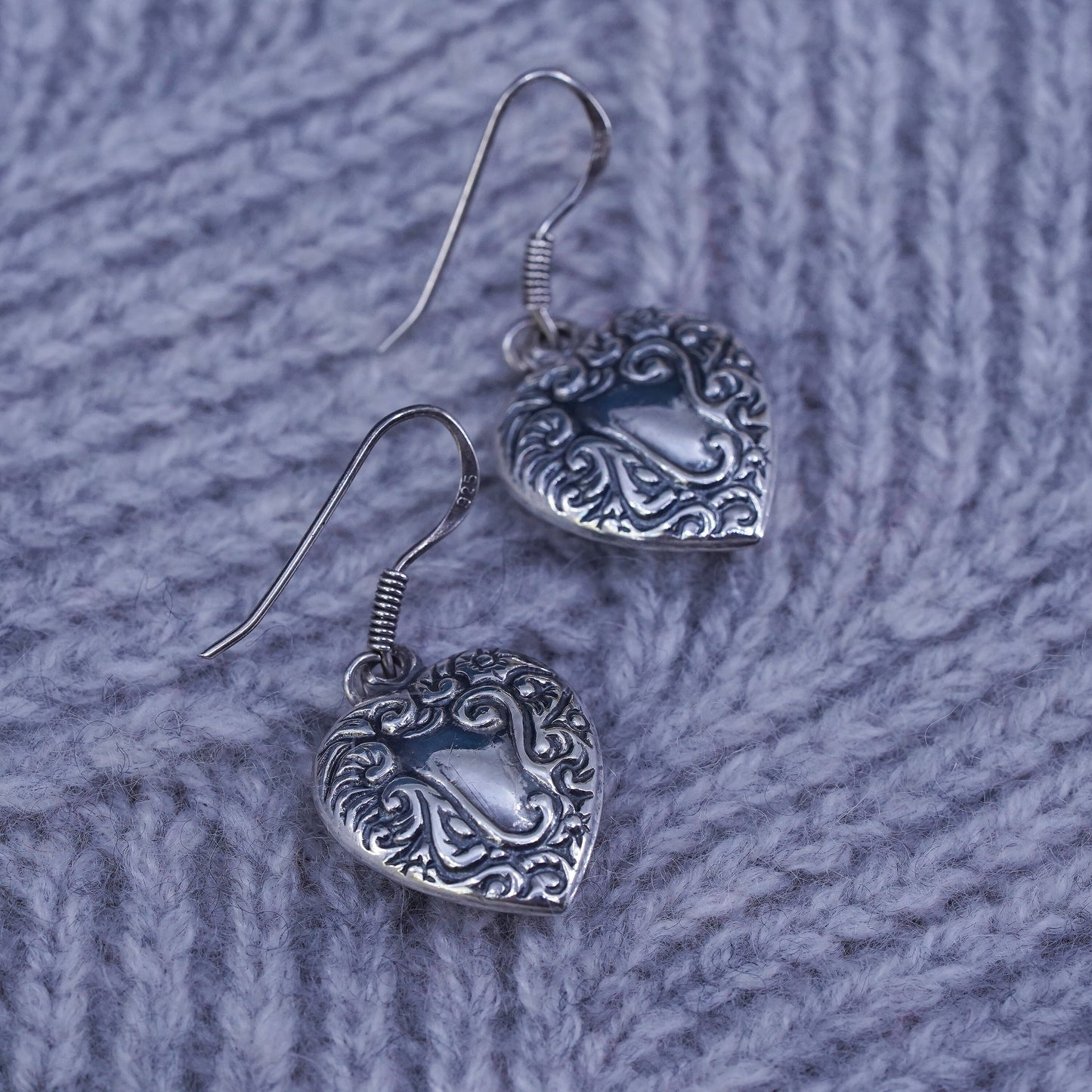 southwestern sterling silver handmade earrings, 925 textured heart dangles