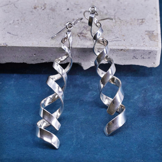 Vintage sterling silver handmade earrings, 925 silver sprial drops