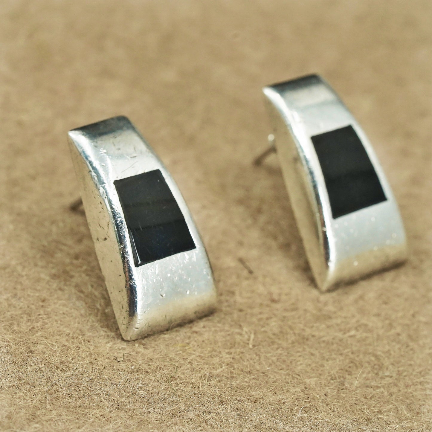 Vintage Mexican Sterling 925 silver handmade earrings, onyx inlay studs