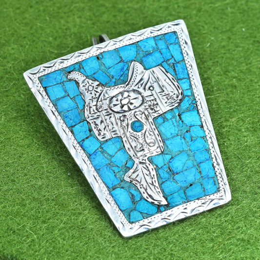 Vintage Mexico sterling silver 925 handmade pendant with saddle turquoise inlay