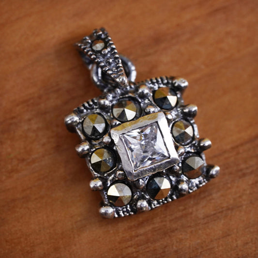 Vintage sterling silver handmade pendant, 925 square with marcasite and cz