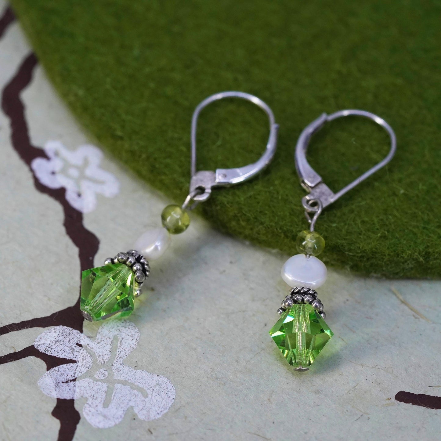 Vintage sterling silver handmade earrings, 925 silver with green crystal drops