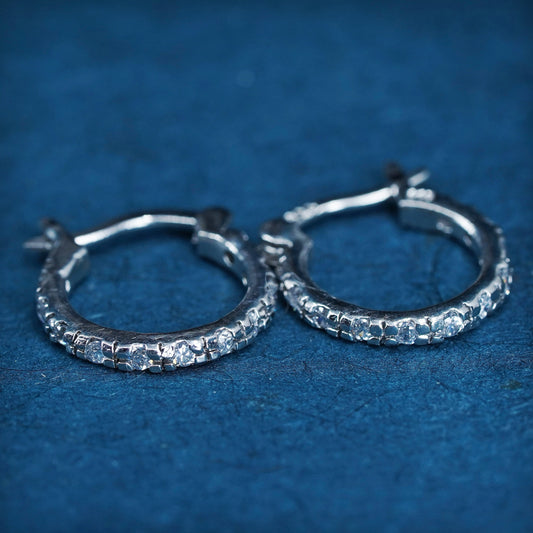 0.5", vintage Sterling silver handmade hoop earrings, 925 huggie with cz