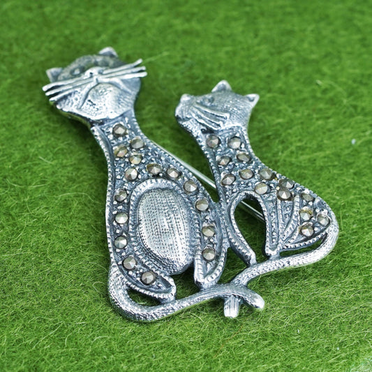 Vintage Sterling silver handmade brooch, 925 cat kitty with Marcasite