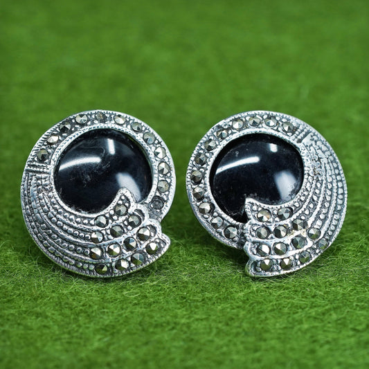 Vintage Sterling silver handmade earrings, 925 stud with circle onyx marcasite