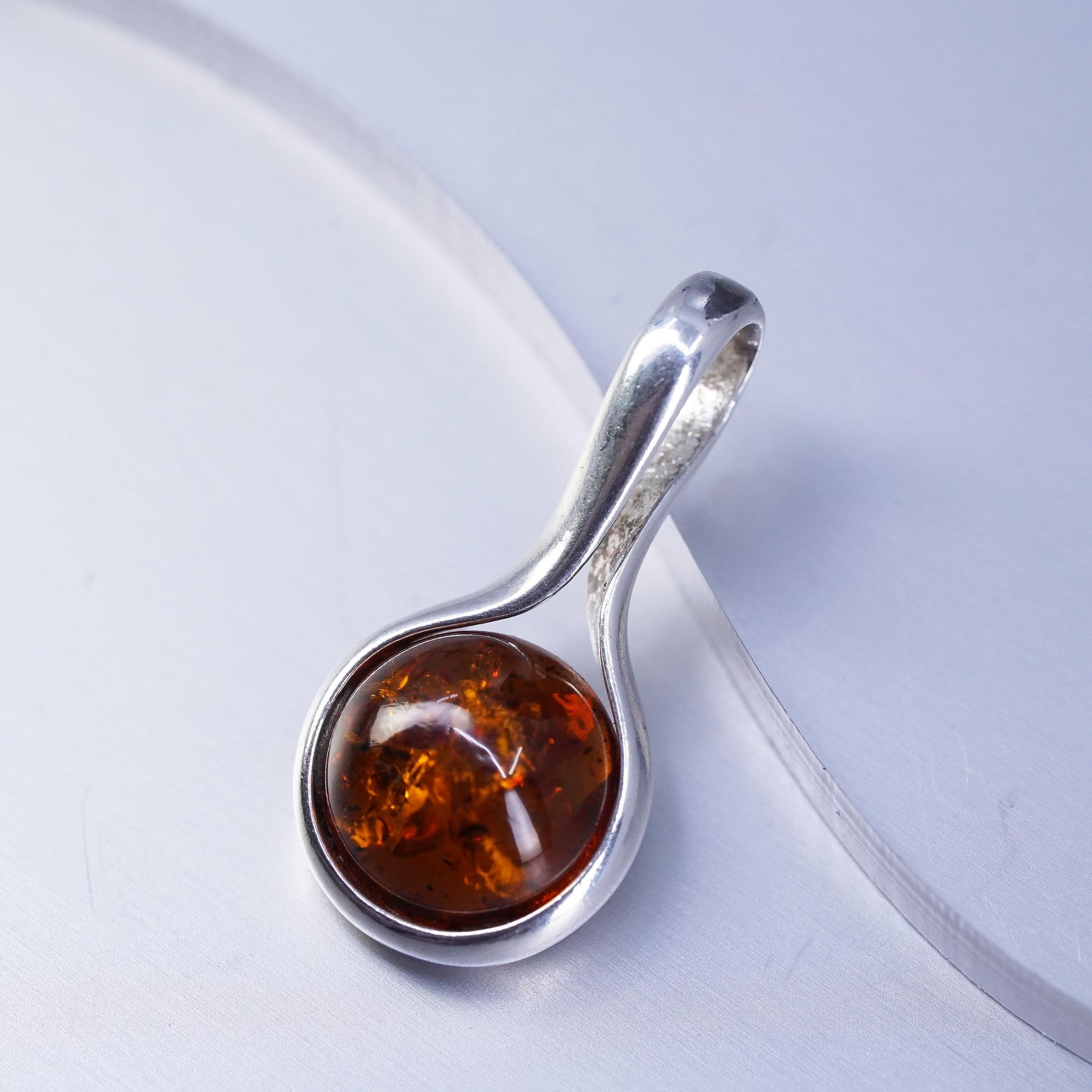 Vintage sterling 925 silver handmade pendant with circle amber