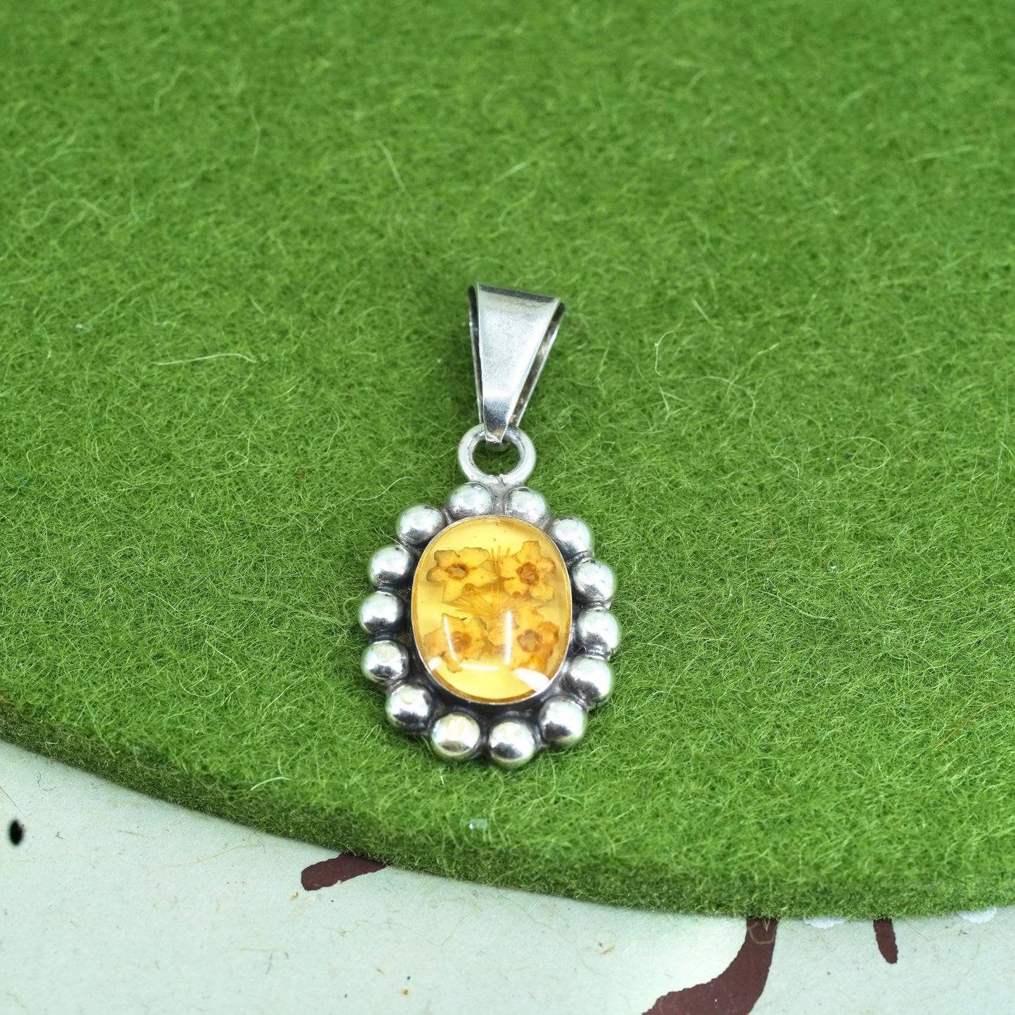 Vintage Sterling silver handmade pendant bead around, mexico 925 resin flower