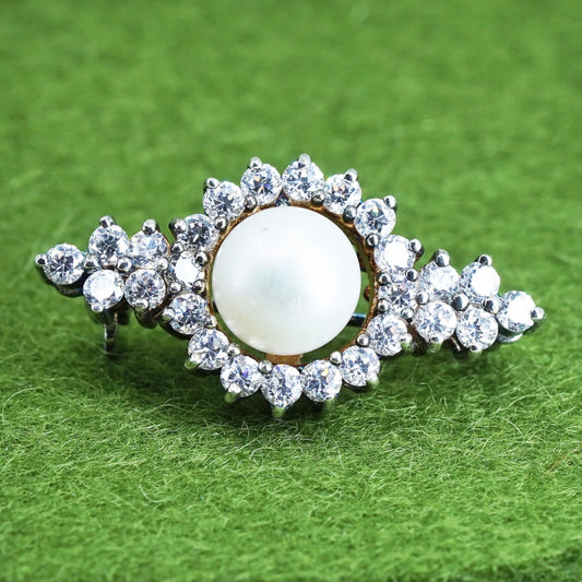 Vintage Sterling 925 silver handmade circle brooch with pearl and cluster cz,