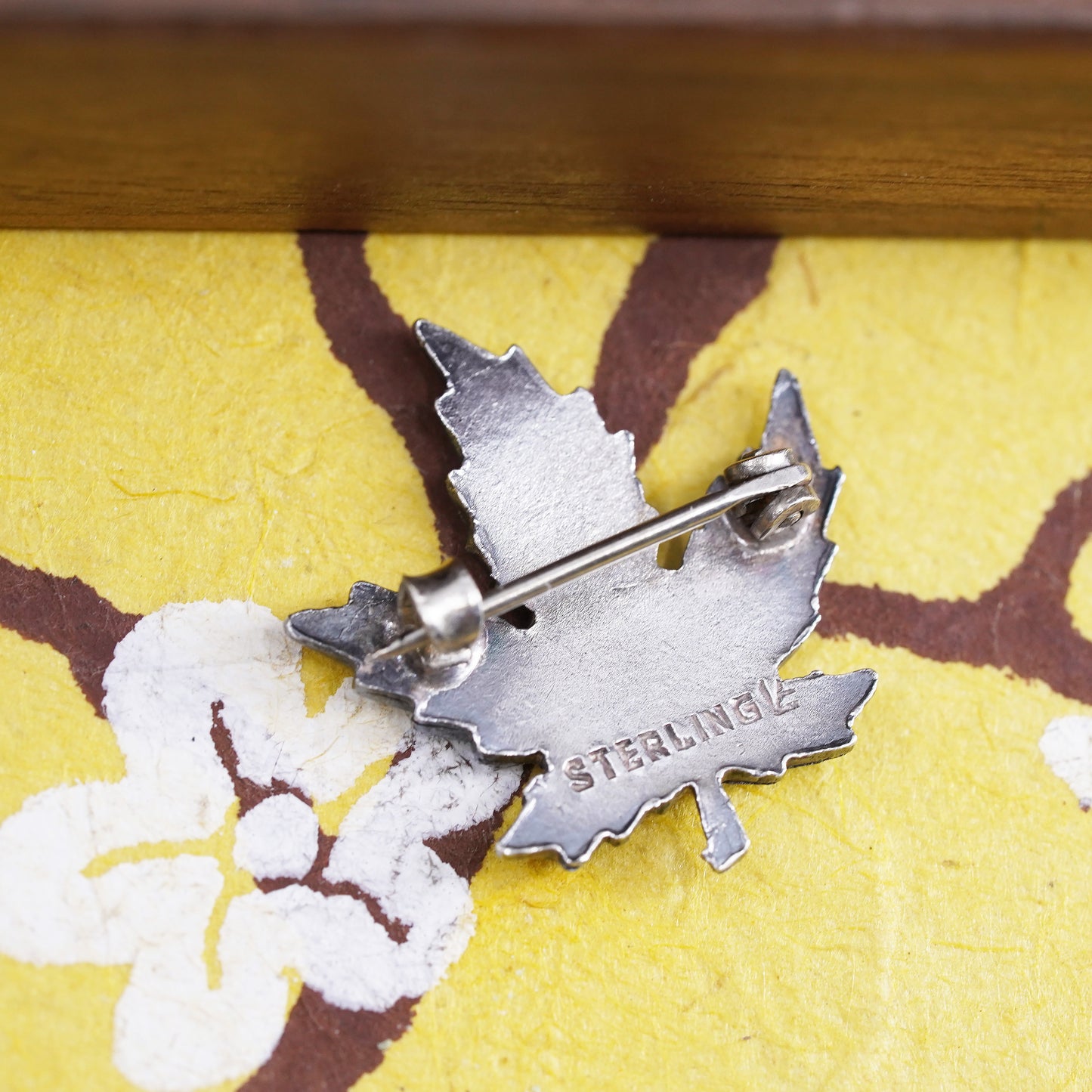 Vintage vermeil gold over sterling 925 silver enamel maple leaf brooch