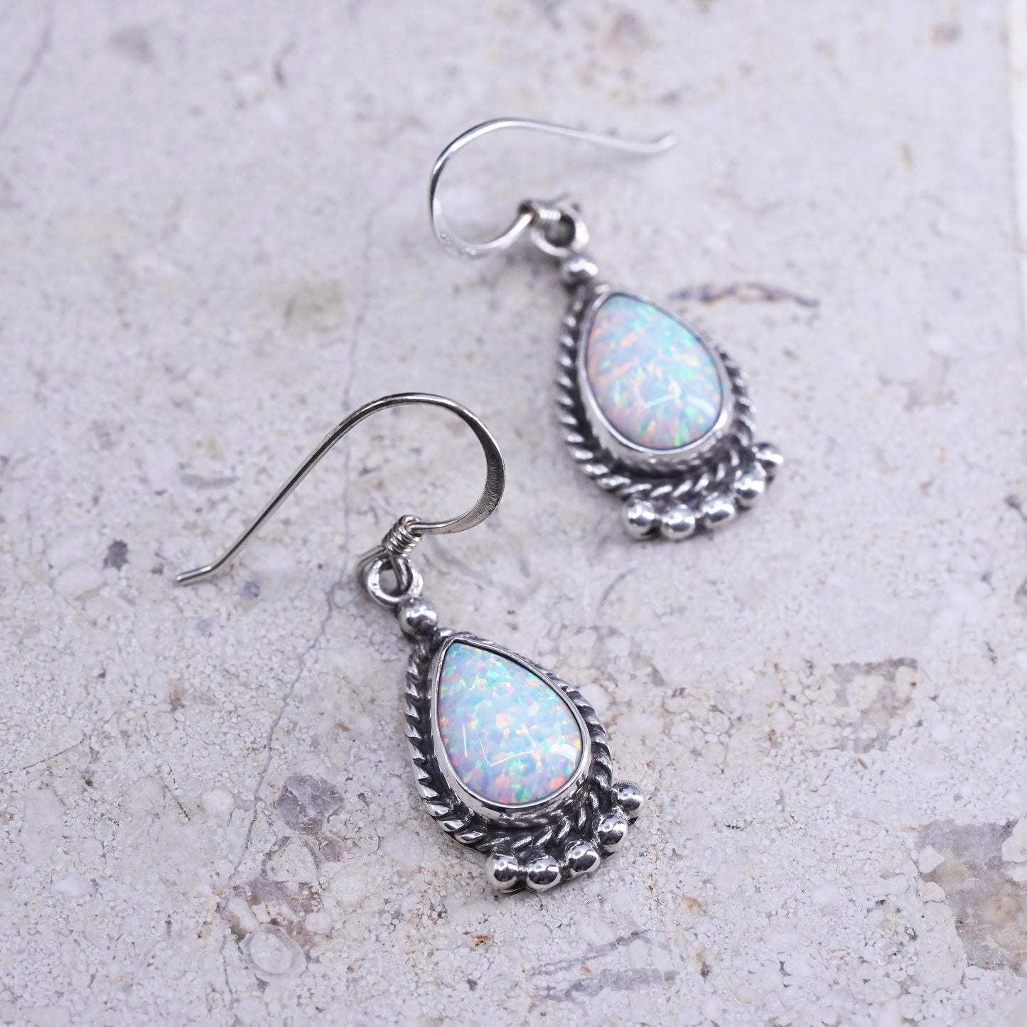 Native American Virgil M. Dishta sterling silver 925 teardrop earrings w/ opal