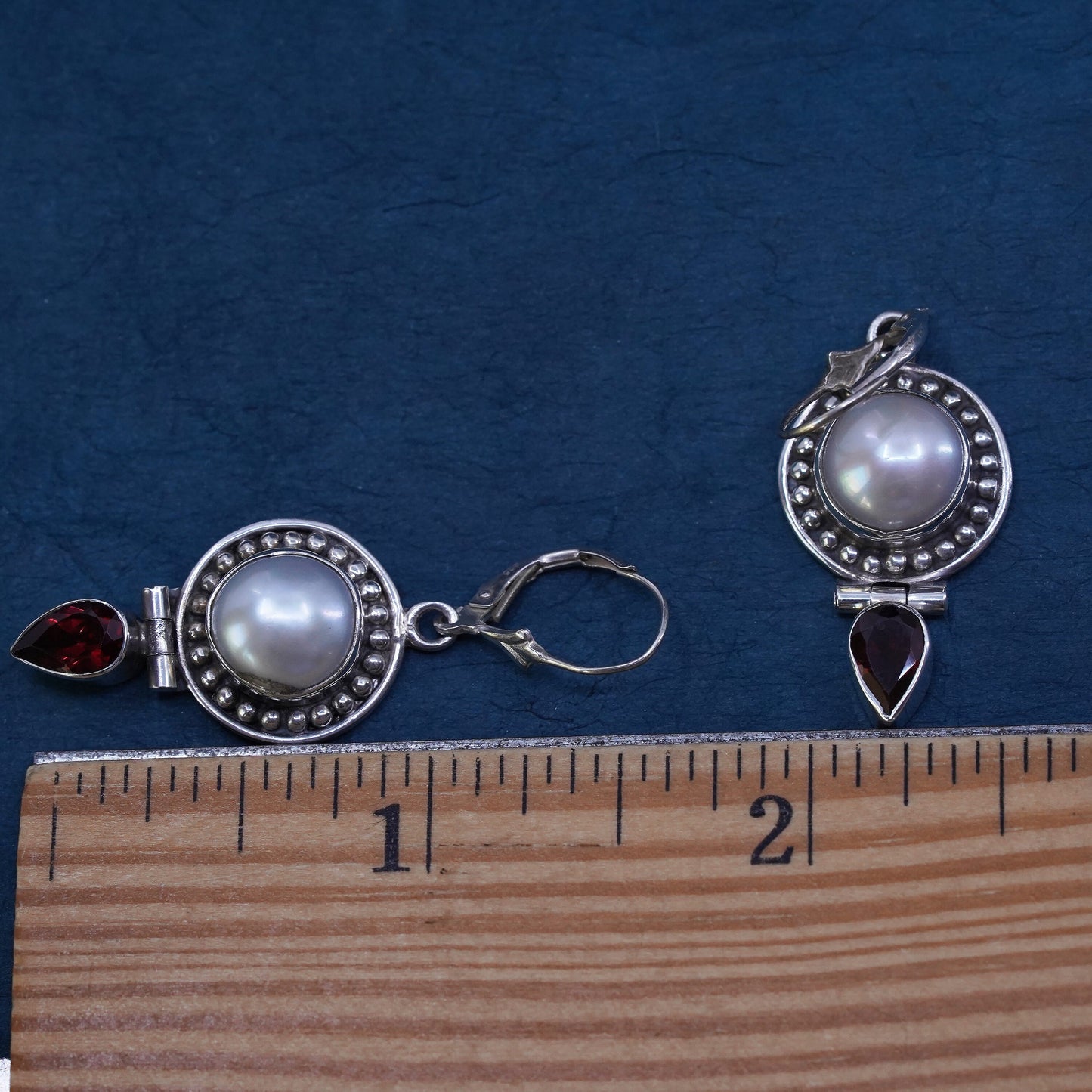 Vintage sterling 925 silver handmade earrings with pearl and teardrop ruby