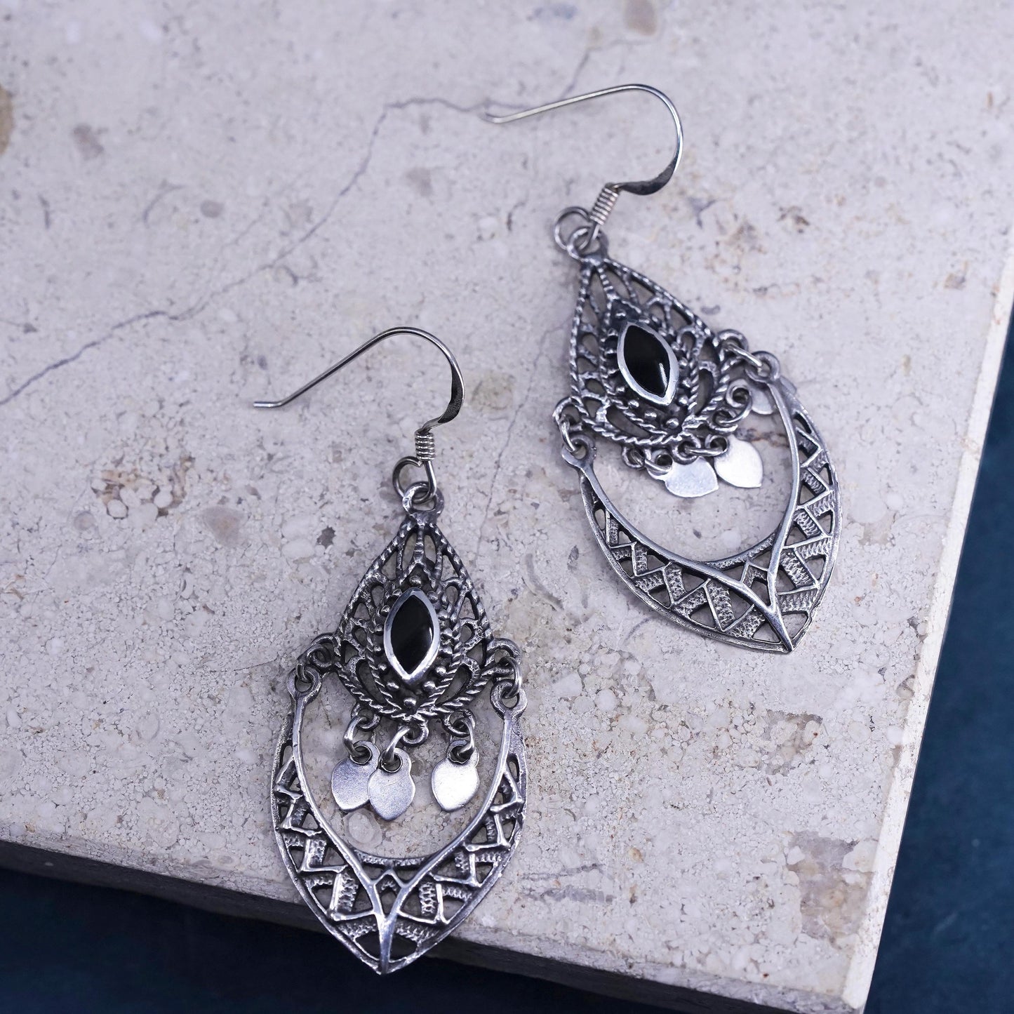 Vintage Sterling 925 Silver filigree Earrings with onyx inlay fridge dangles