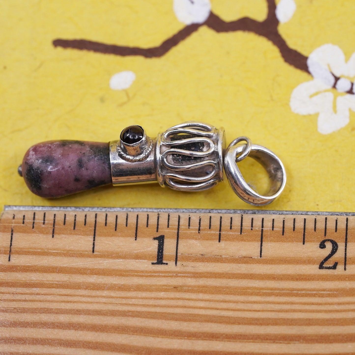 Vintage Sterling 925 silver handmade pendant with pink Rhodonite and garnet