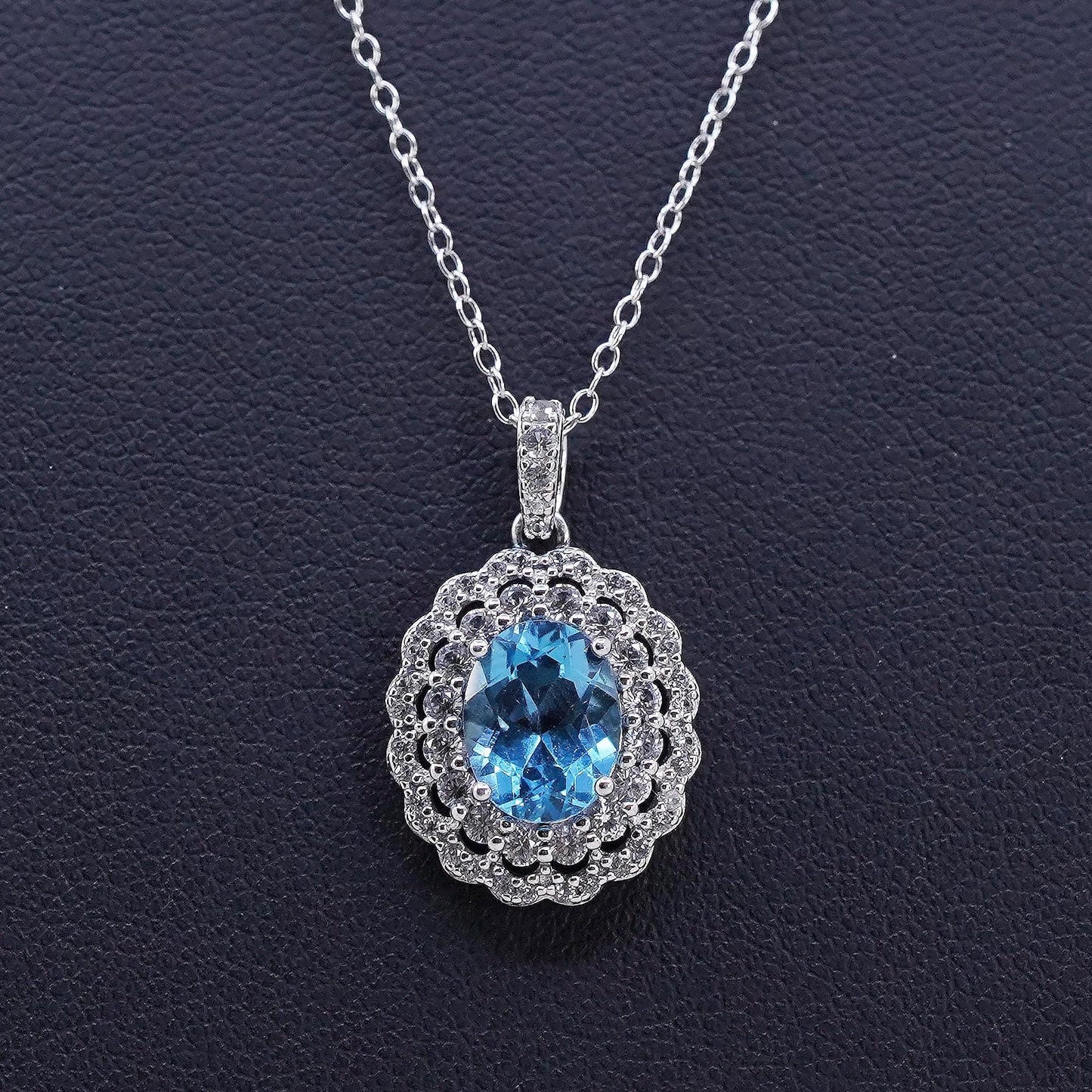 18”, Sterling silver handmade necklace, 925 circle chain w/ blue topaz pendant