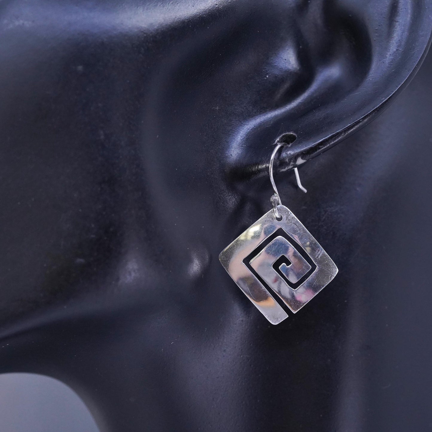 Vintage Sterling 925 silver handmade swirly square earrings