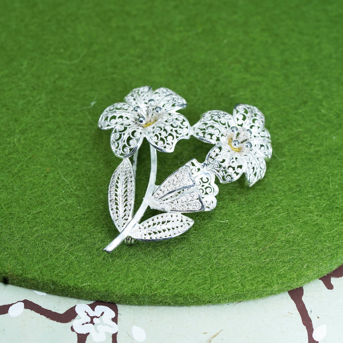 Germany Sterling silver handmade brooch, 925 filigree flower pin