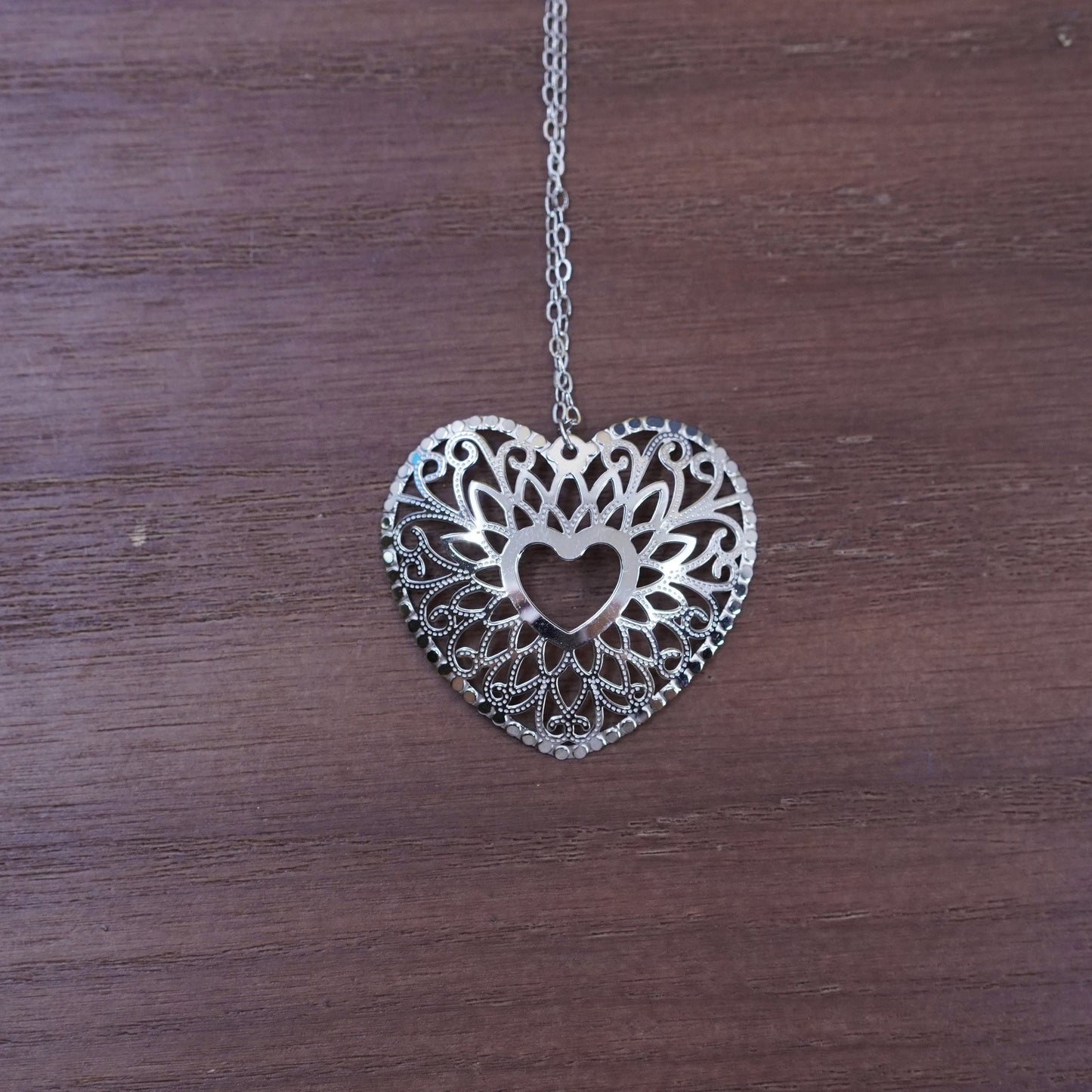 18”, vintage sterling 925 Silver box chain necklace with filigree heart pendant