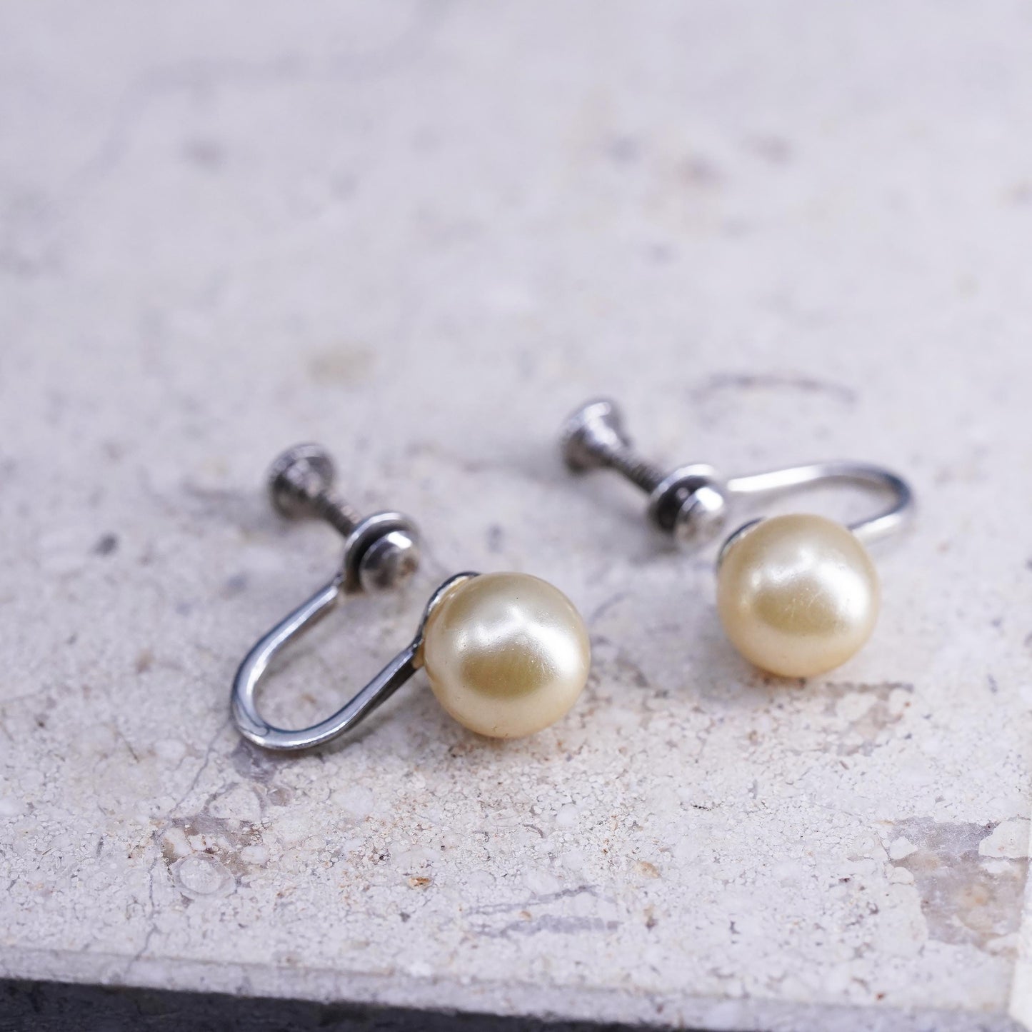 Vintage Sterling 925 silver screw back earrings with faux pearl