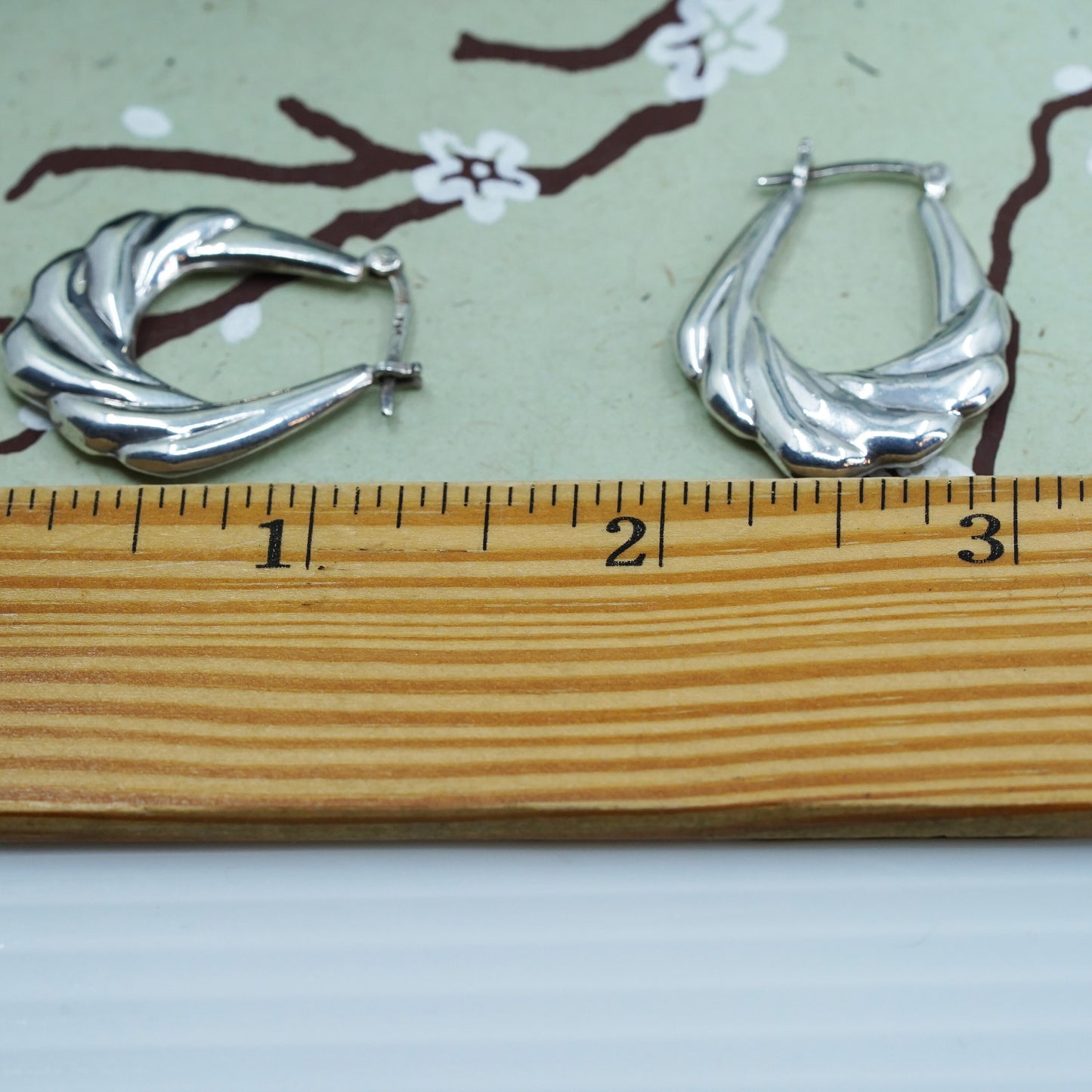 1.25", Vintage sterling silver loop earrings, textured oval hoops