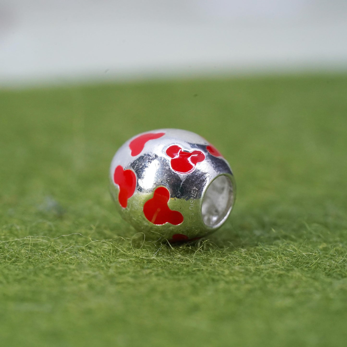 Vintage Sterling silver handmade bead charm with red enamel inlay