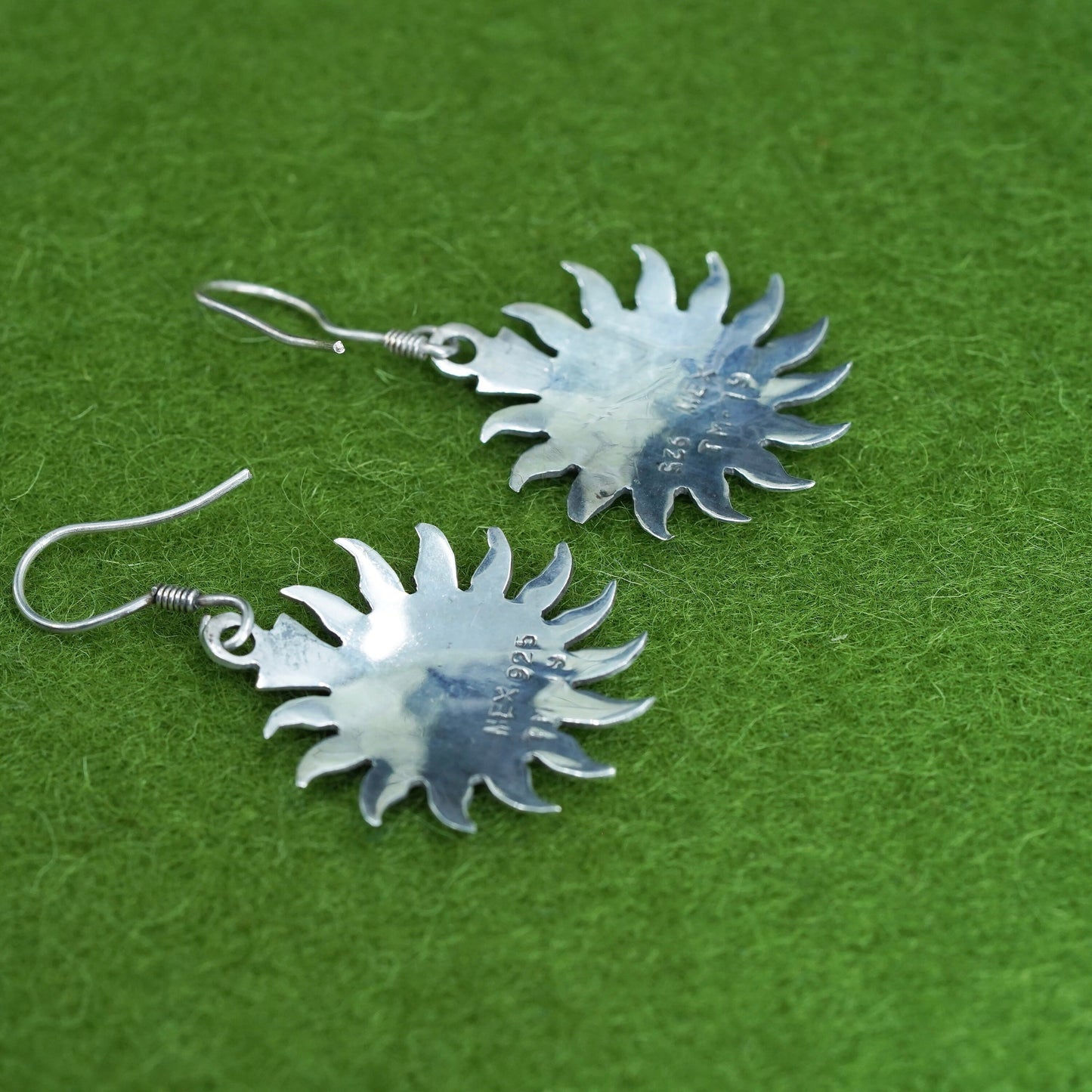 Sterling silver handmade earrings, Mexico 925 silver analog man sun face drops