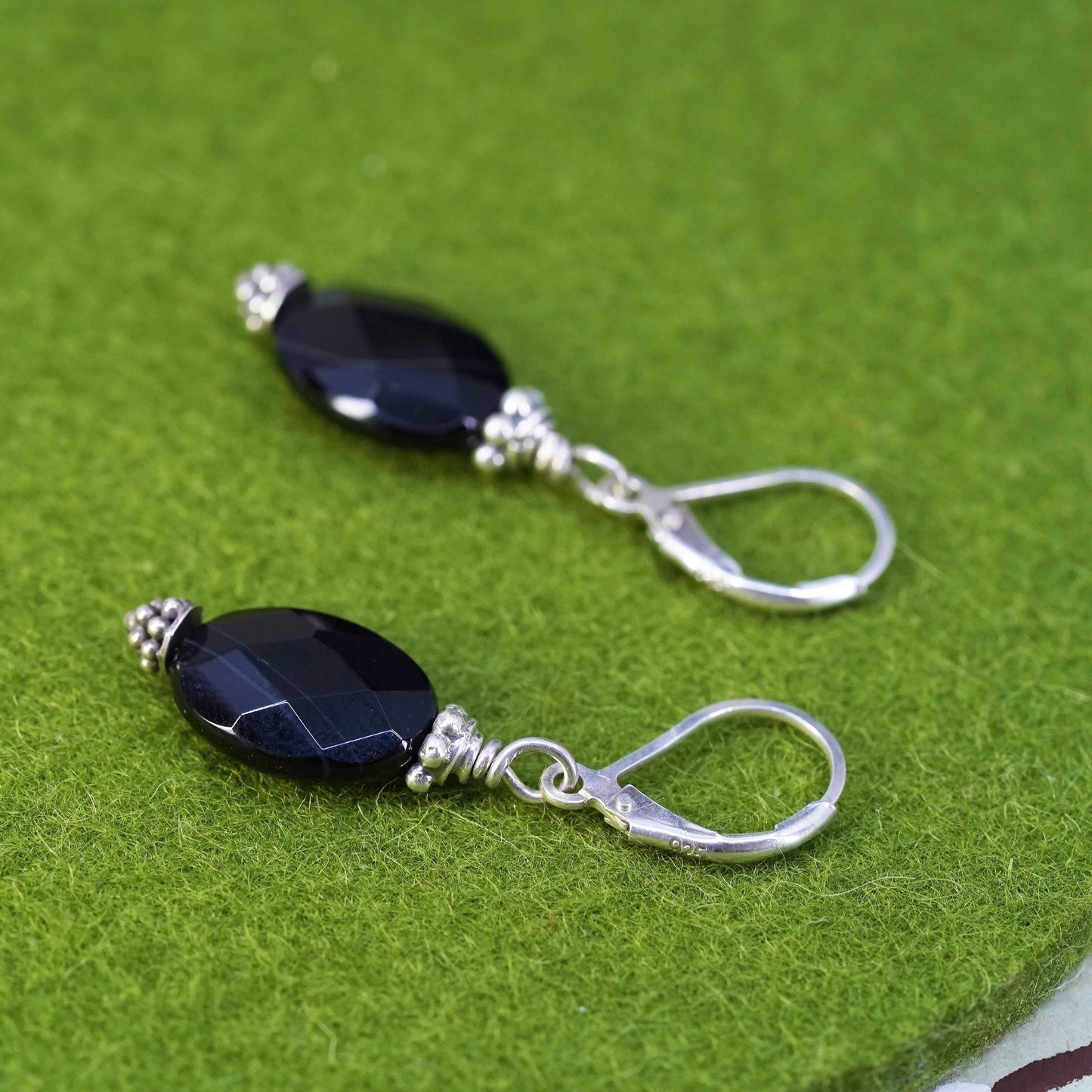 Vintage sterling 925 silver earrings, oval black onyx, handmade