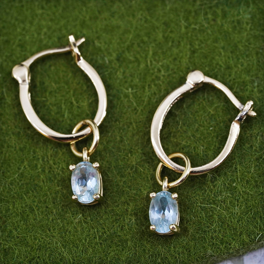 0.5”, vermeil gold sterling silver earrings, 925 hoops, huggie blue crystal