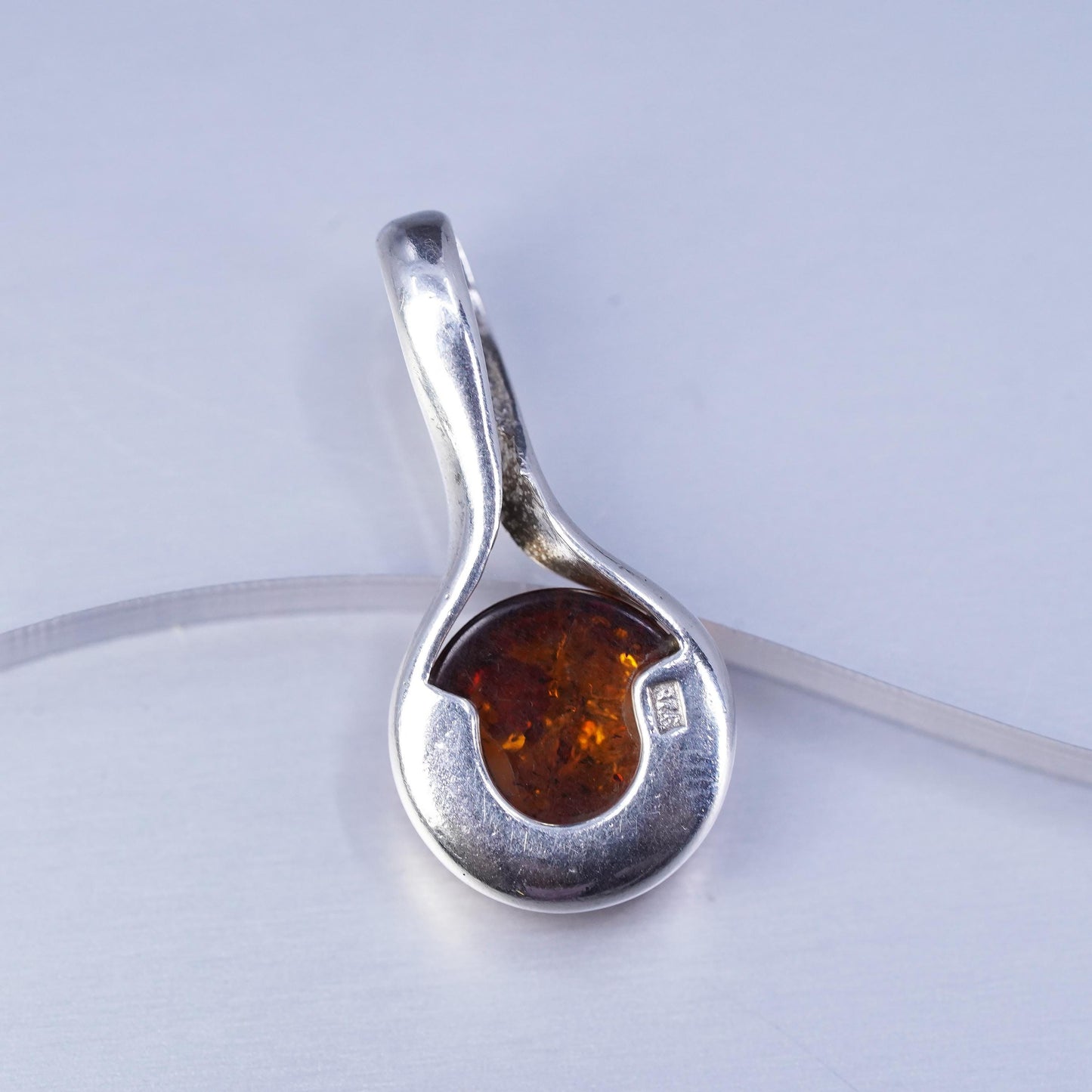 Vintage sterling 925 silver handmade pendant with circle amber