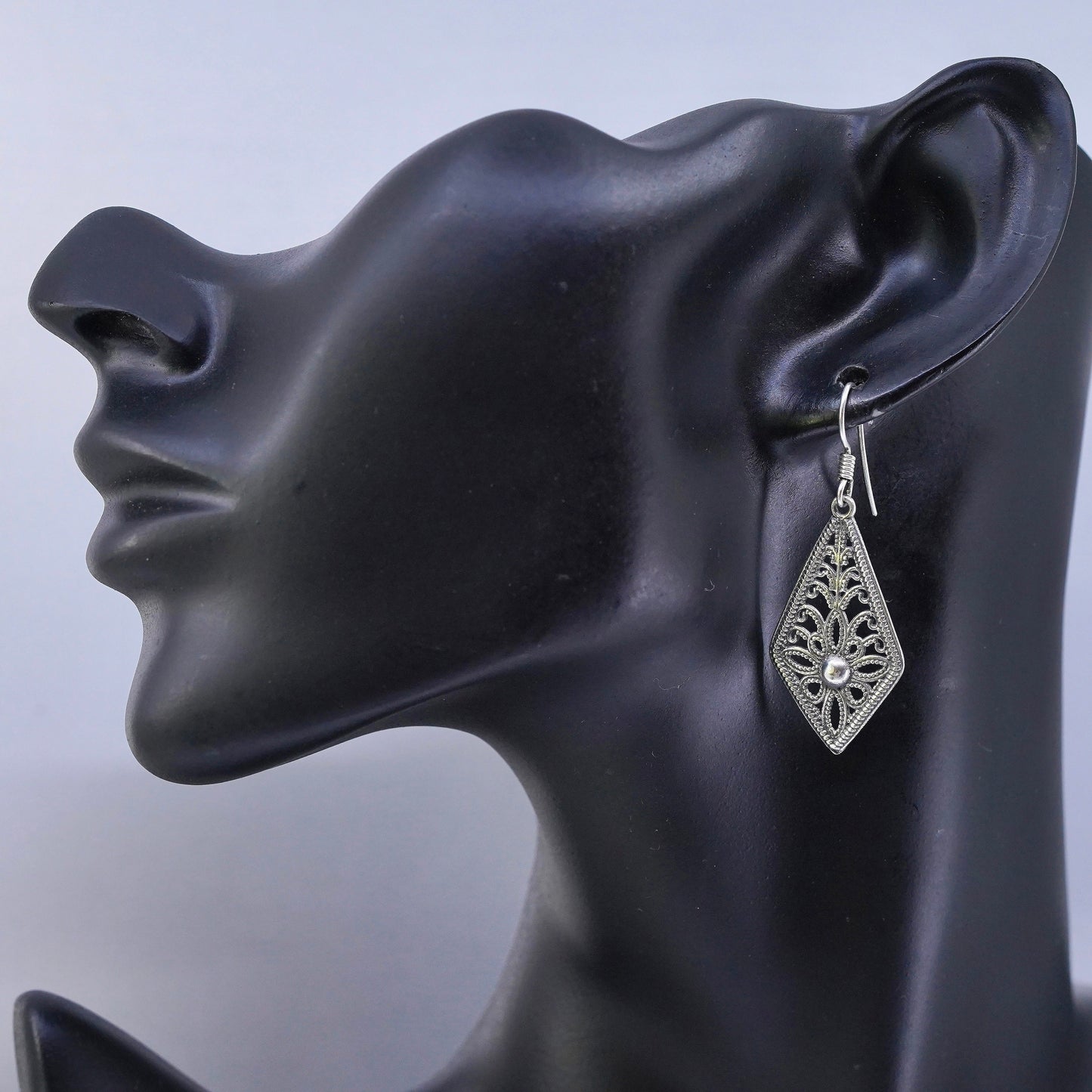 Vintage Sterling 925 silver handmade diamond shaped filigree earrings