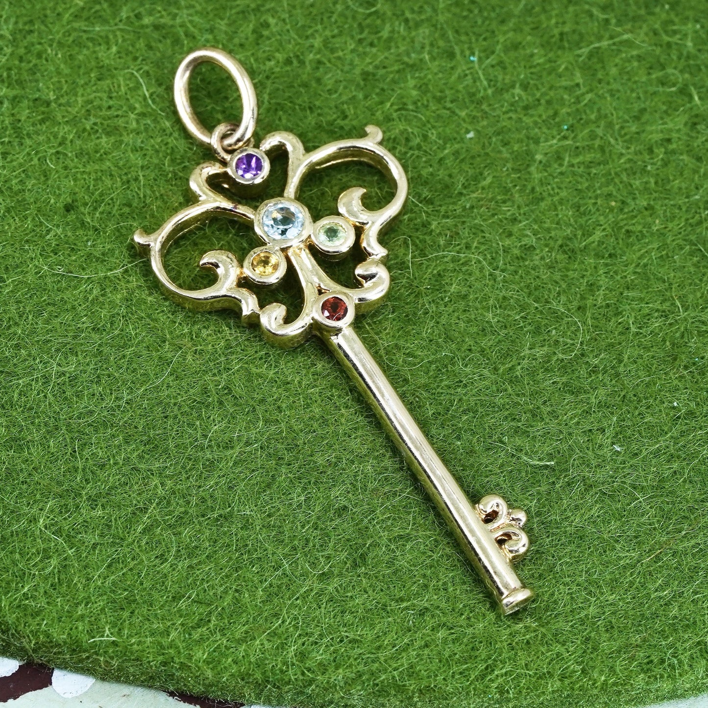 Vintage vermeil gold over sterling silver key pendant, 925 charm with cz ruby