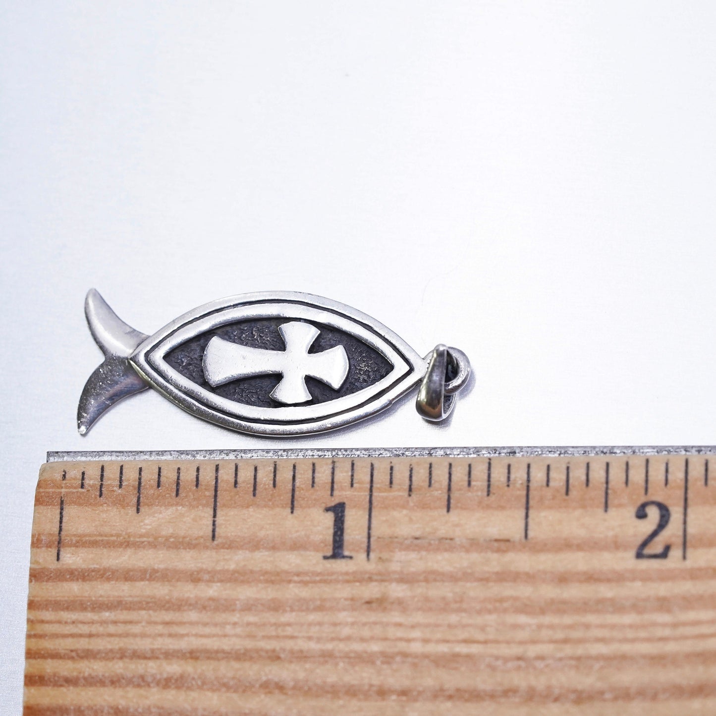 Vintage Sterling silver handmade charm, 925 fish cross pendant