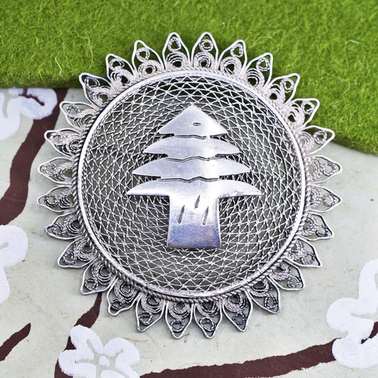 Vintage sterling silver brooch, 925 filigree circle pin with Christmas tree