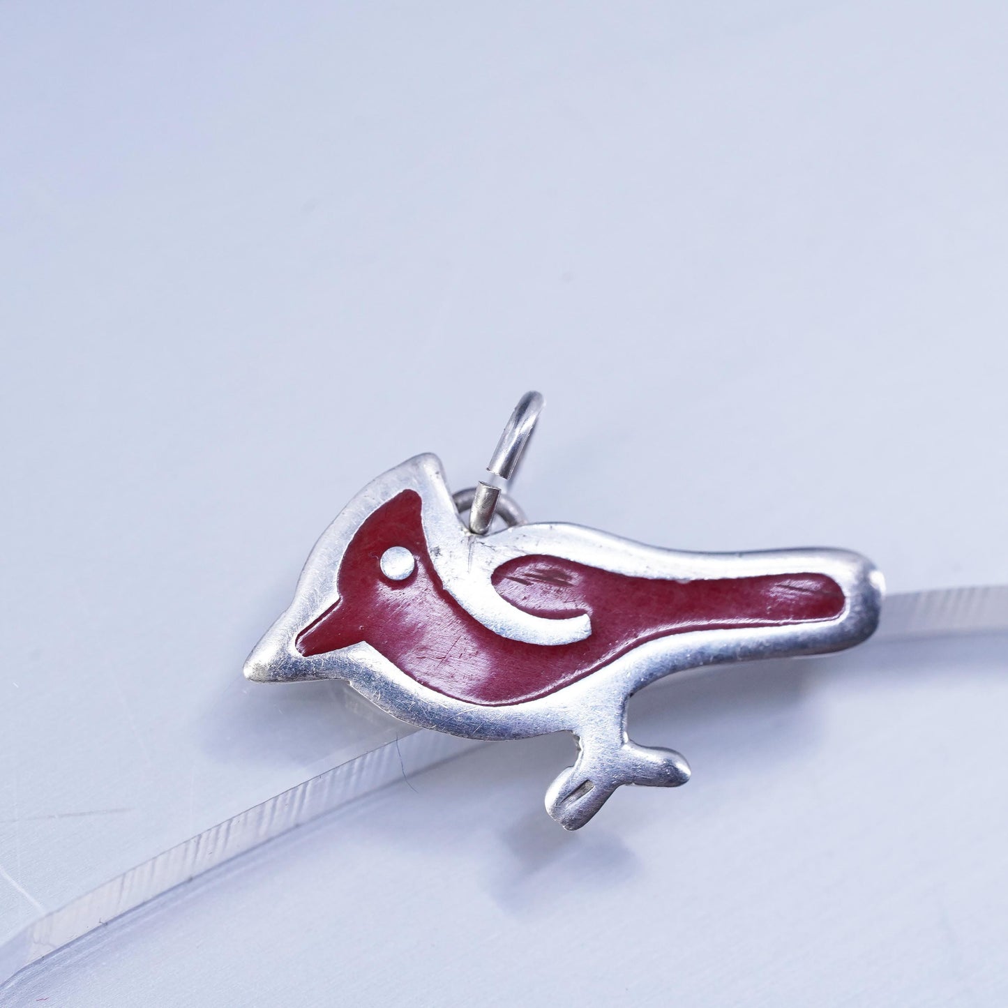 Vintage Sterling silver 925 handmade bird pendant, red bird charm