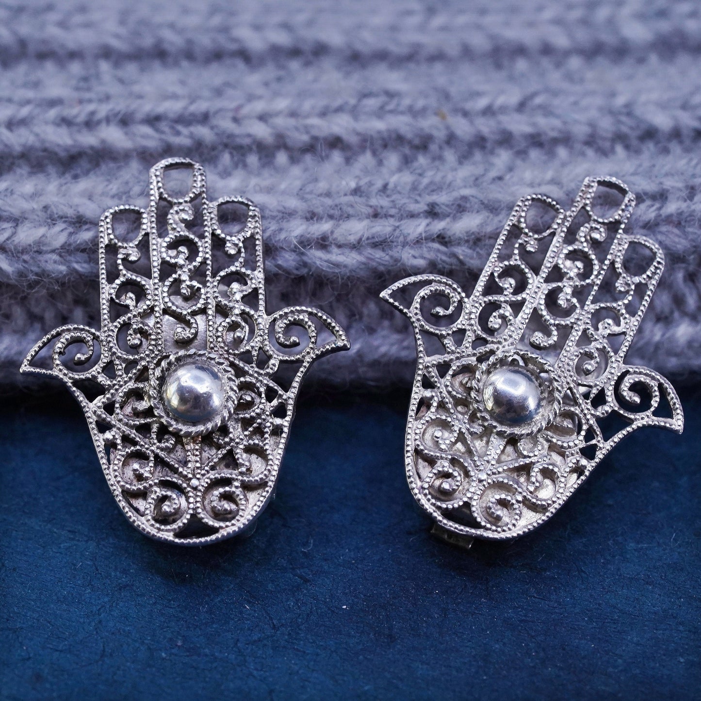 Vintage Sterling silver handmade filigree earrings, 925 healing hand clip on