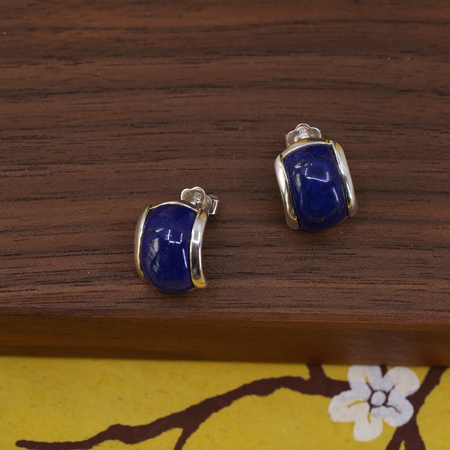 vintage Sterling silver handmade earrings, 925 huggie studs with lapis lazuli