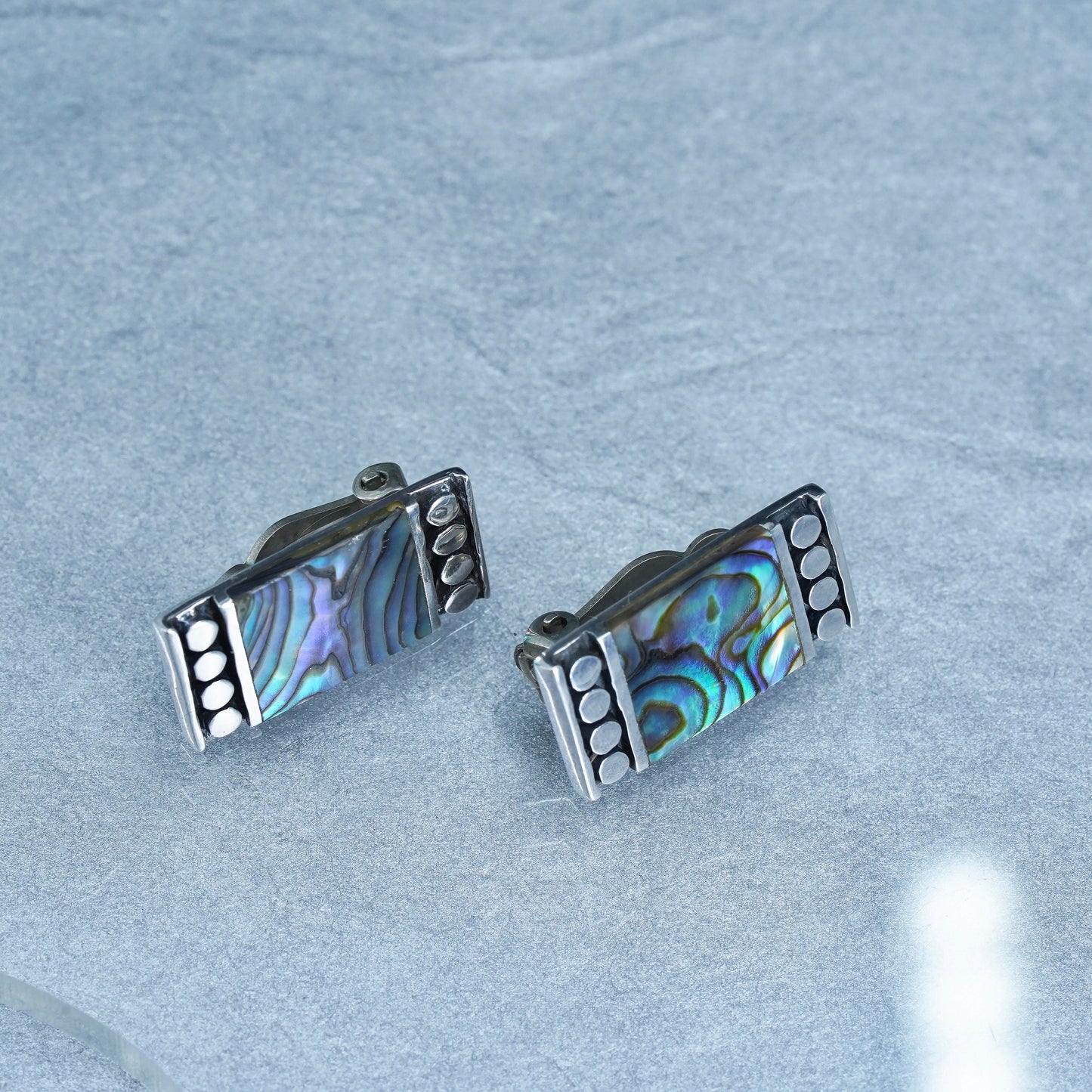 Vintage Sterling 925 silver handmade earrings, rectangular clip on with abalone