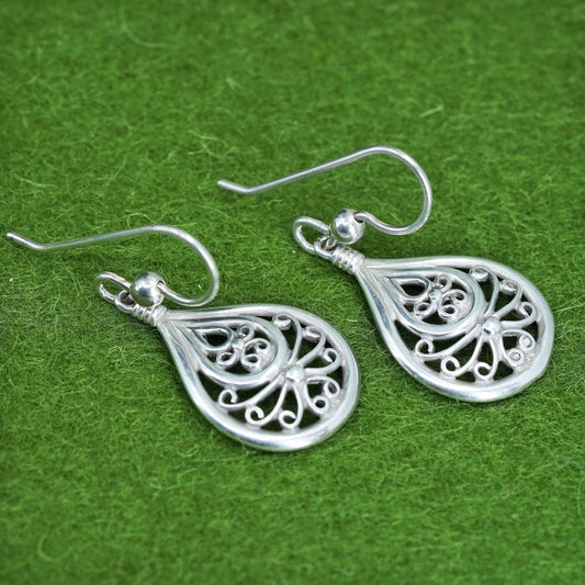 Vintage sterling silver handmade earrings, 925 filigree teardrop