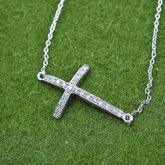 19”, sterling silver circle chain necklace cross pendant diamond, necklace