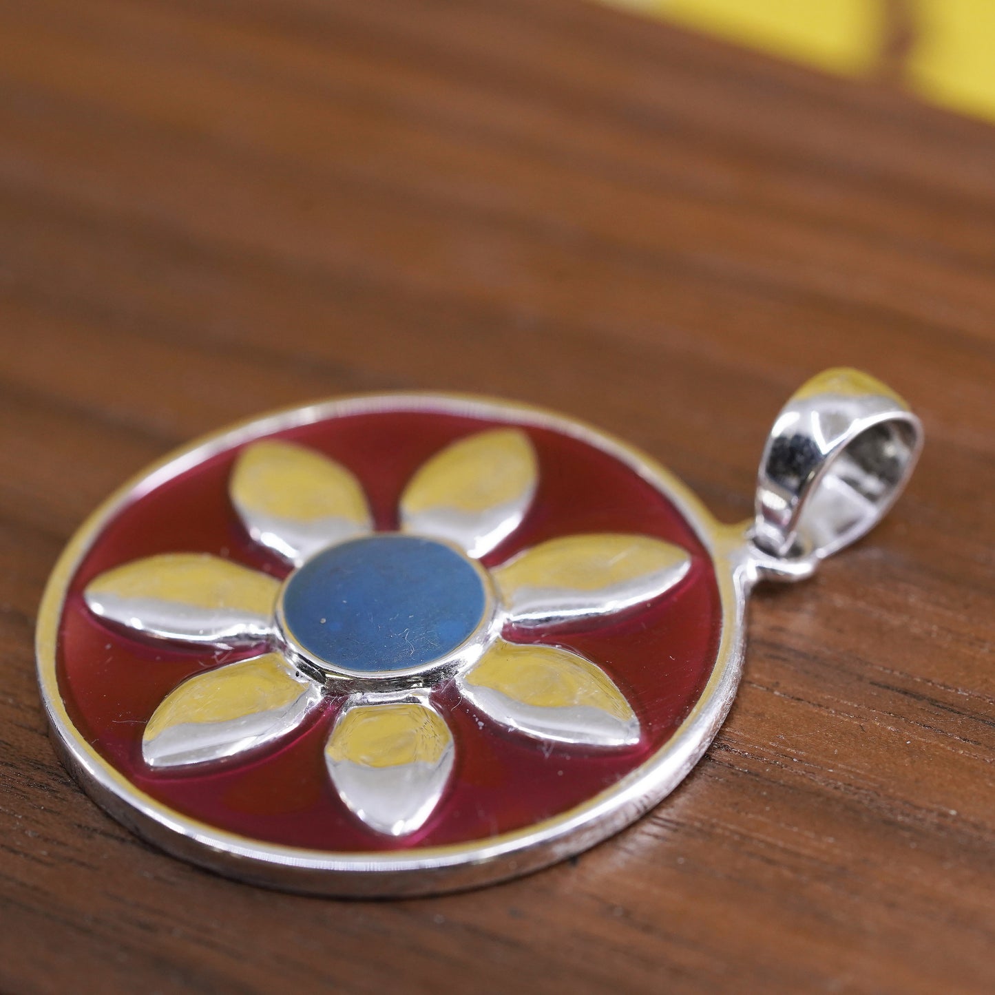 Sterling silver flower pendant, 925 circle charm with enamel and turquoise