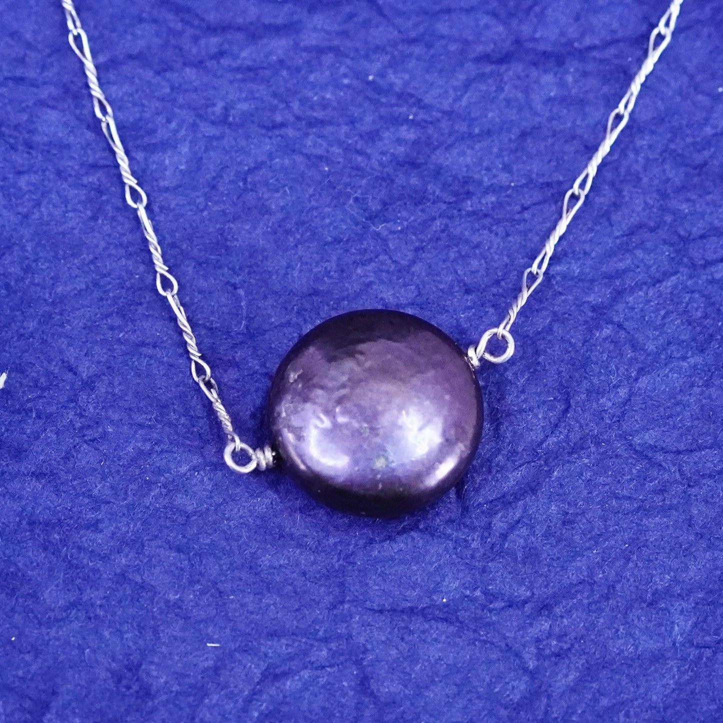 17”, Sterling silver necklace, 925 circle chain with coin black pearl pendant