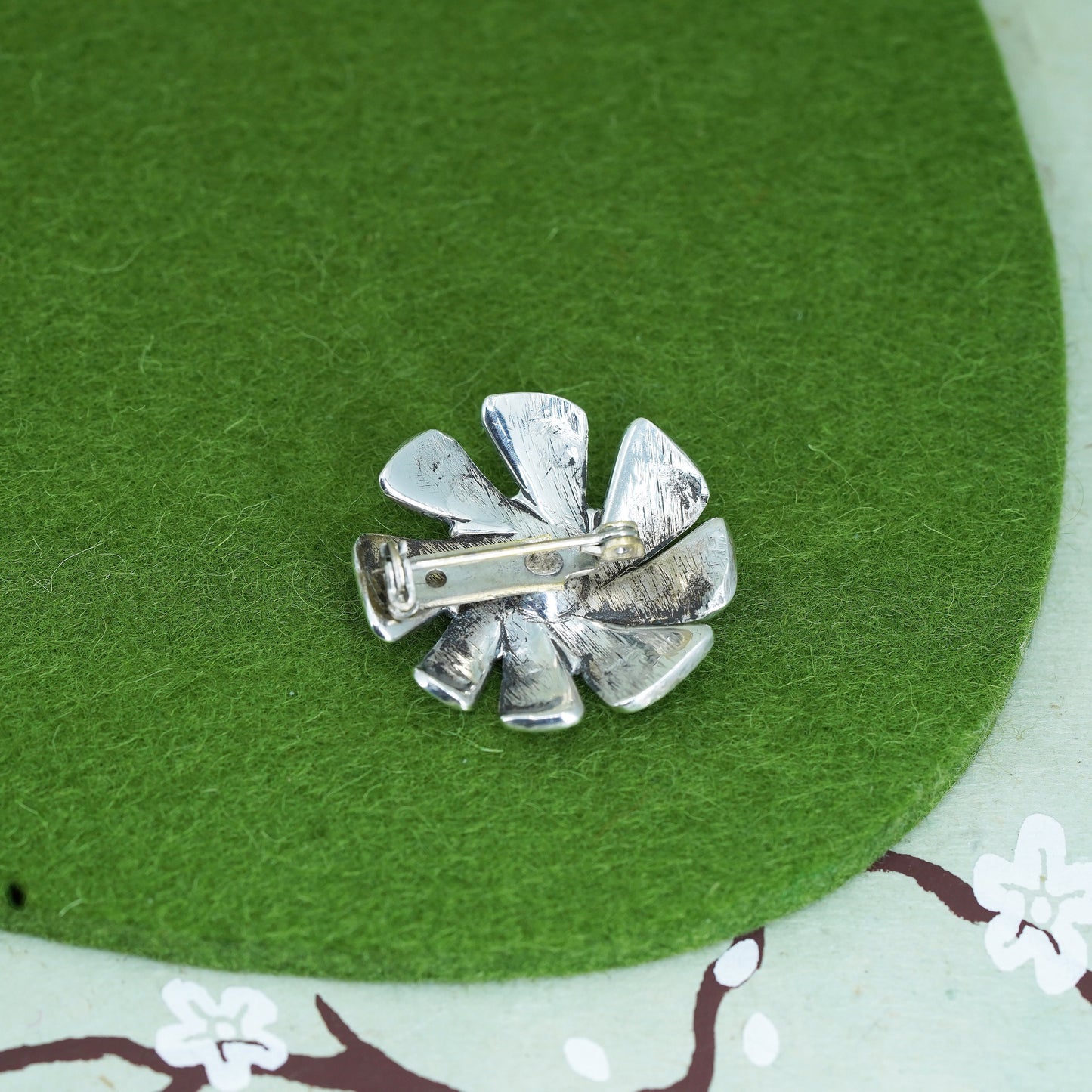 Vintage sterling silver handmade flower brooch, 925 pin with red cz