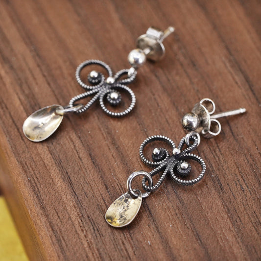 two tone sterling 925 silver handmade filigree earrings with copper teardrop