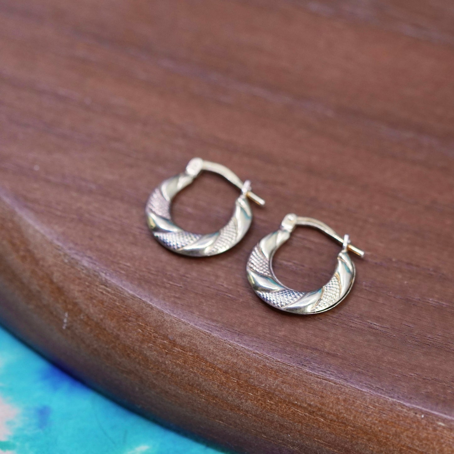 0.5”, 1/10 10K yellow gold Sterling silver textured hoop earrings, 925 huggie