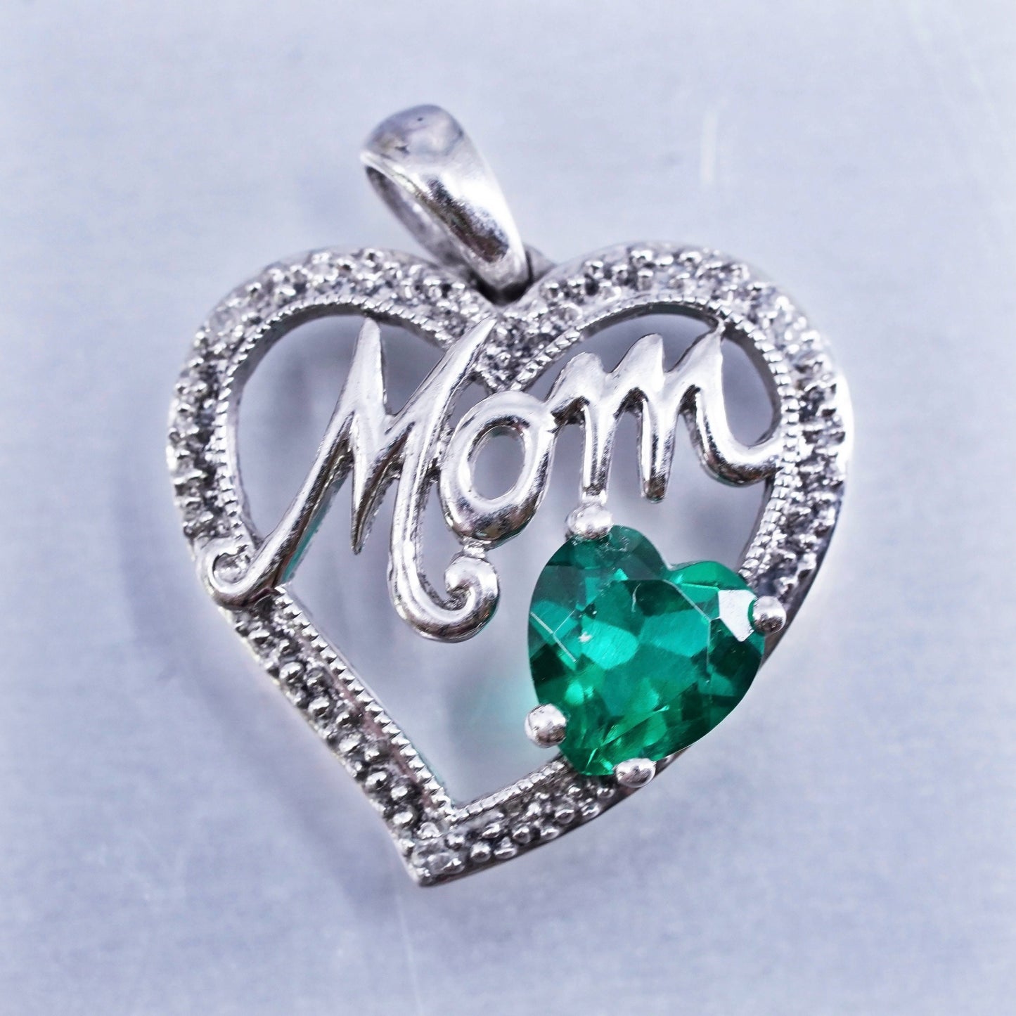 vintage Sterling silver charm, 925 heart “Mom” pendant with emerald diamonds