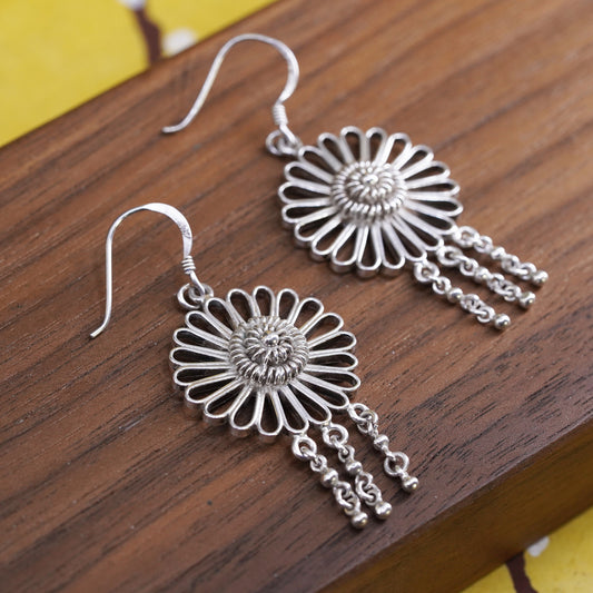 Vintage Sterling silver handmade earrings, 925 Filigree flower drops