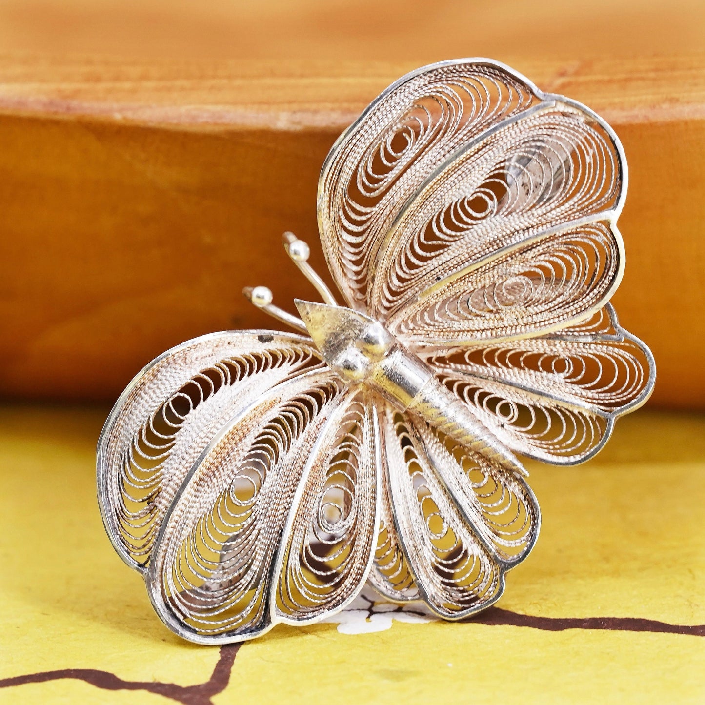 Vintage handmade sterling 925 silver filigree butterfly brooch