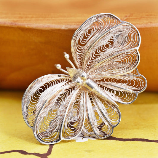 Vintage handmade sterling 925 silver filigree butterfly brooch